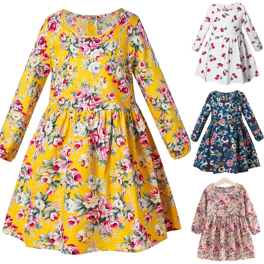 Đầm Cotton Tay Dài In Hoa Dễ Thương Dành Cho Bé Gái 1-6 Tuổi