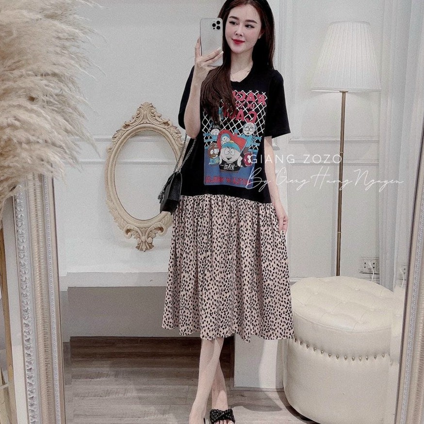 Váy suông chân bèo phối da báo cực chất  - V21 - SARA SHOP