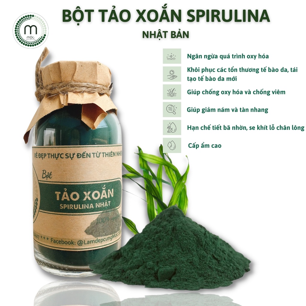 Bột tảo xoắn spirulina Nhật Bản đắp mặt nạ MỘC - chống oxy hóa ngăn ngừa mụn mờ nếp nhăn túi 30g chai 100/200ml handmade