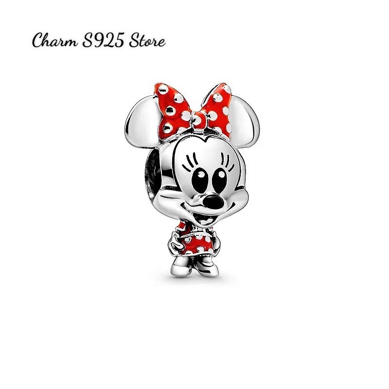 charm pan chuột minnie disney nơ đỏ bạc s925 cao cấp