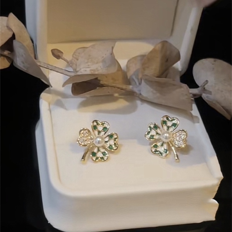 Hoa tai cỏ ba lá kim cương Hoa tai phụ nữ Hàn Quốc Hoa tai phong cách thời trang