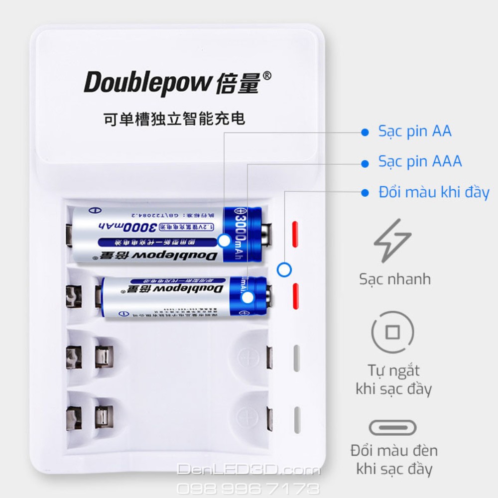 [Chính Hãng] Combo Sạc Tự Ngắt K11 Kèm 4 Pin Doublepow 3000Mah - Sạc Nhanh Có Đổi Màu Đèn BH 1 đổi 1