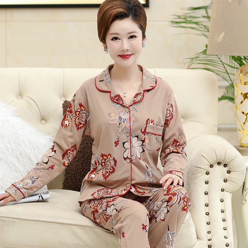 Đồ lót▫Bộ đồ ngủ dành cho người trung niên và cao tuổi cotton mùa thu bà mẹ plus size dài tay chồng phục vụ tại