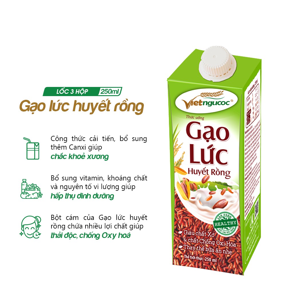 Thức uống Gạo lức huyết rồng Việt Ngũ Cốc lốc 3 hộp - 250ml/hộp