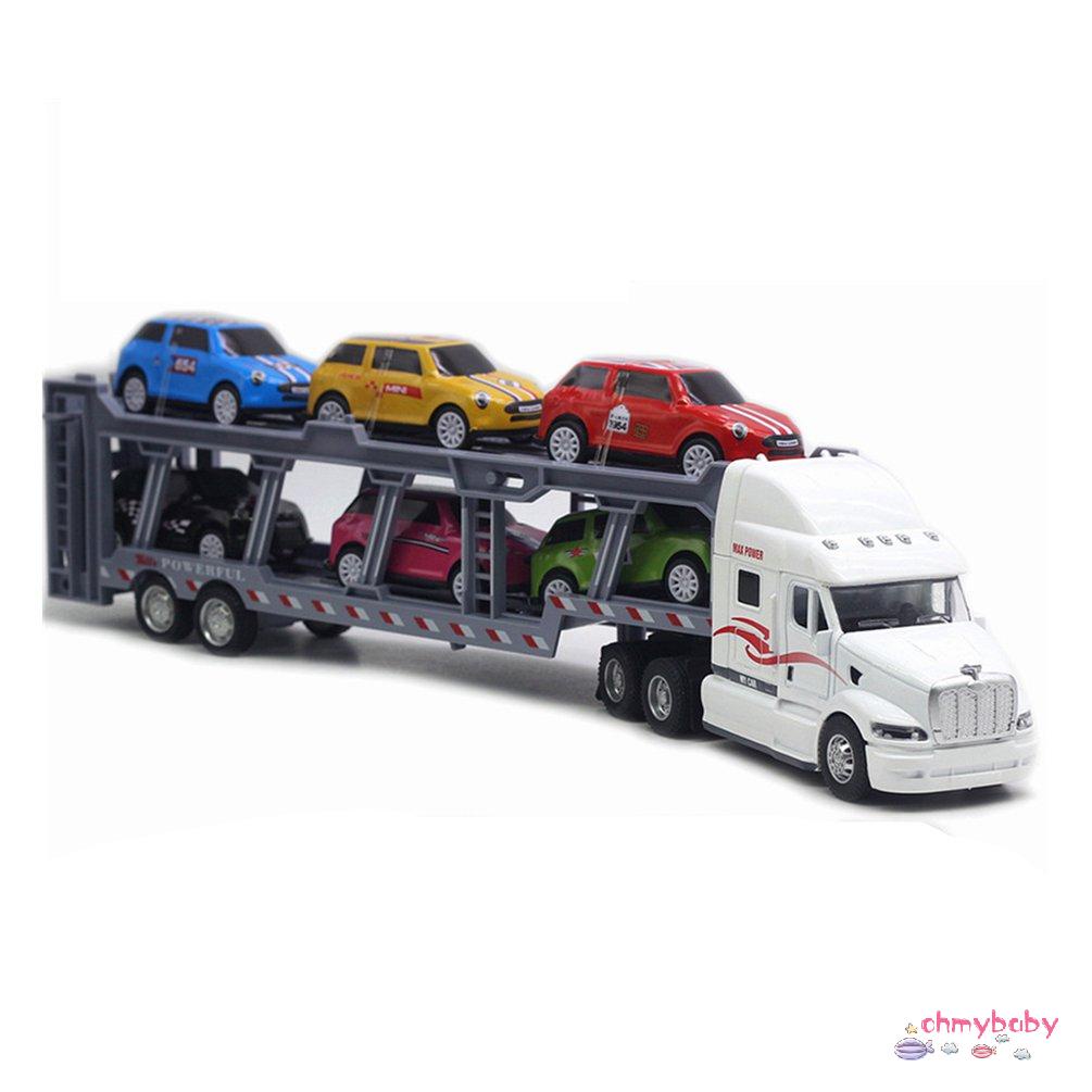 【OMB】 Car Carrier Model Big Rig Truck Hauler Trailer With 6 Race Cars Carrier Toy