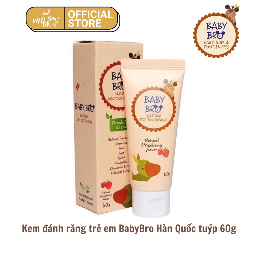 Hàn- Kem đánh răng hữu cơ trẻ em Baby Bro Hàn Quốc 60g, có thể nuốt được vị trái cây an toàn cho bé