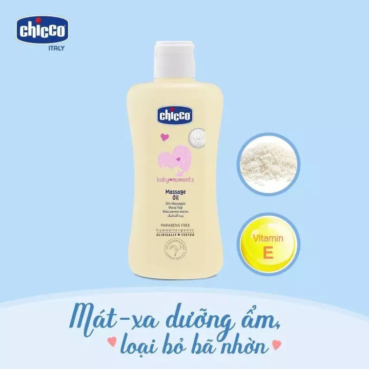 Dầu mát-xa chiết xuất cám gạo 0M+ Chicco 200ml cho trẻ sơ sinh, giúp làm sạch và dưỡng ẩm da, an toàn tuyệt đối cho bé