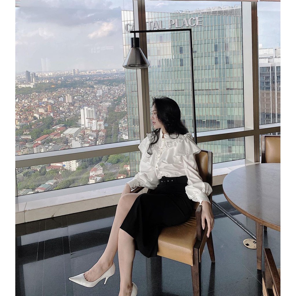 Áo sơ mi bèo tầng nút ngọc cổ trụ,áo kiểu nữ cổ trụ tay dài.