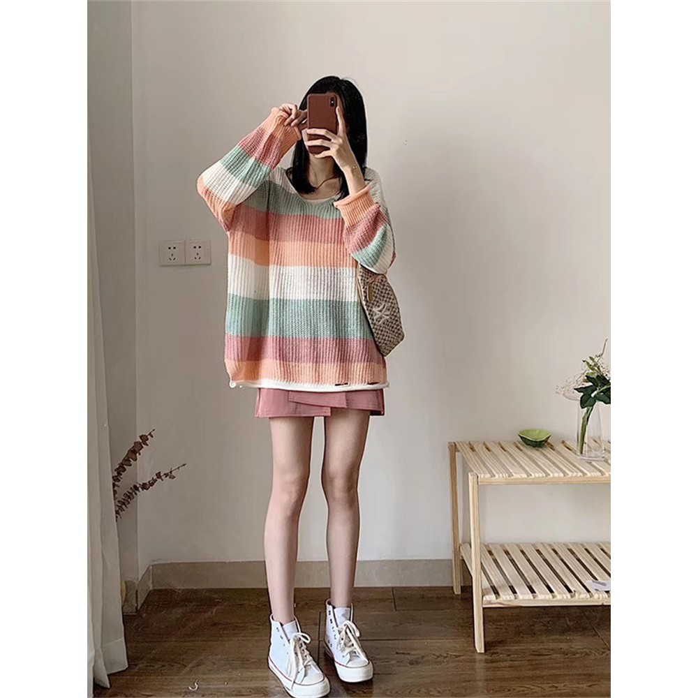 SET Áo Len Gân Mỏng Cầu Vồng + Chân Váy Chữ A