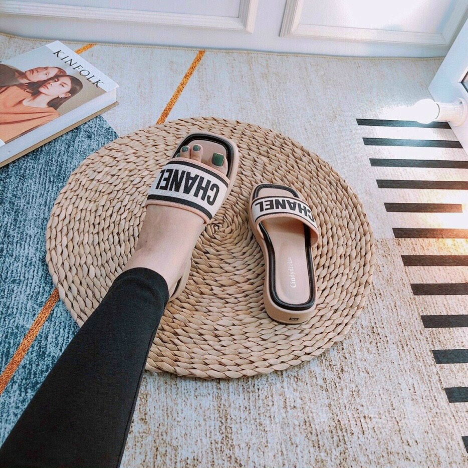 Dép nữ quai ngang đế bọc mũi vuông cao 2f chất canvas siêu êm phong cách Hàn Quốc