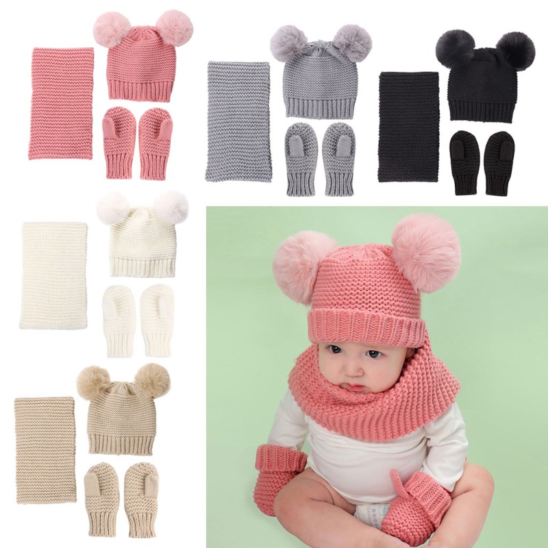 Set Mũ Len Trùm Đầu &amp; Khăn Choàng Cổ &amp; Găng Tay Đính Quả Bông Giả Cho Bé