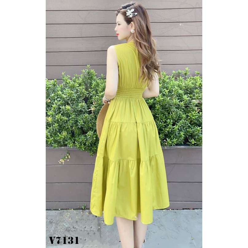 [10.10 Sale Freeship] Váy maxi dáng dài màu xanh bơ cổ tròn nhún eo 3 tầng, đầm đi biển, đi dạo phố tôn dáng sang chảnh
