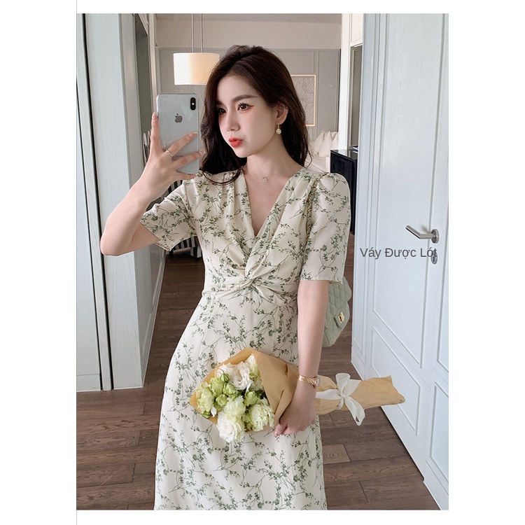 Đầm Voan Hoa Cổ Chữ V Dáng Chữ A Màu Xanh Lá Trẻ Trung Cho Nữ
