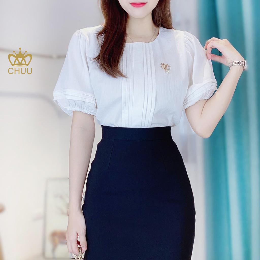 Áo kiểu công sở nữ tay phồng xếp li trước ngực tặng kèm cài áo CHUU A6965