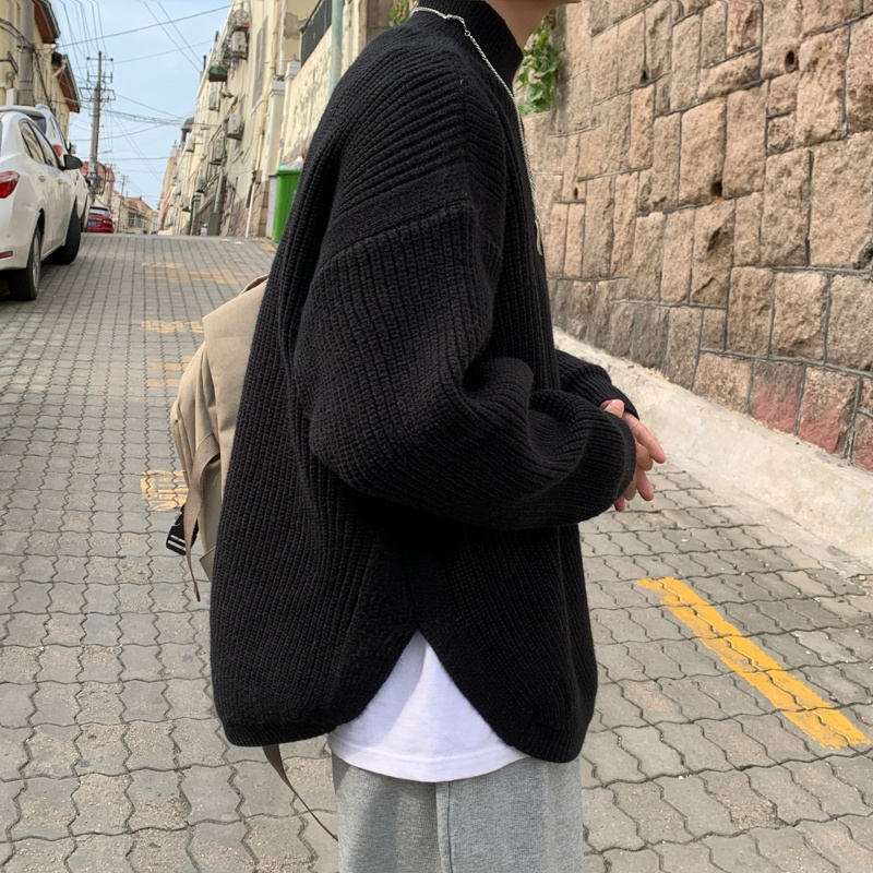 Áo len sweater nam form rộng cổ tròn ulzzang unisex, Áo sweater len oversize tay dài xẻ vạt màu xanh hottrend học sinh