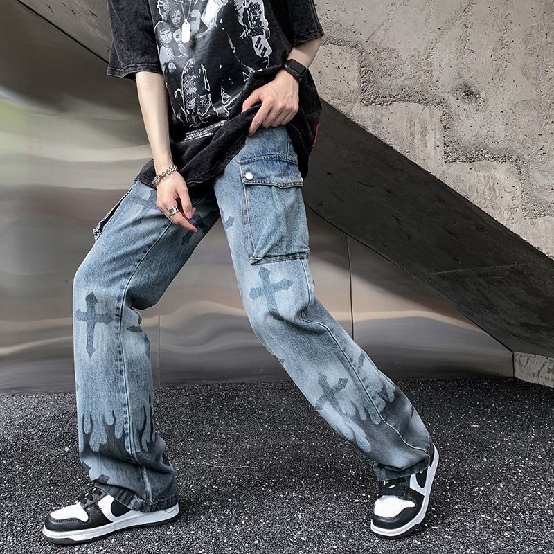 Quần Jean Baggy Dài Dáng Suông Nhiều Túi In Họa Tiết Ngọn Lửa Harajuku Punk Mới Cho Nam
