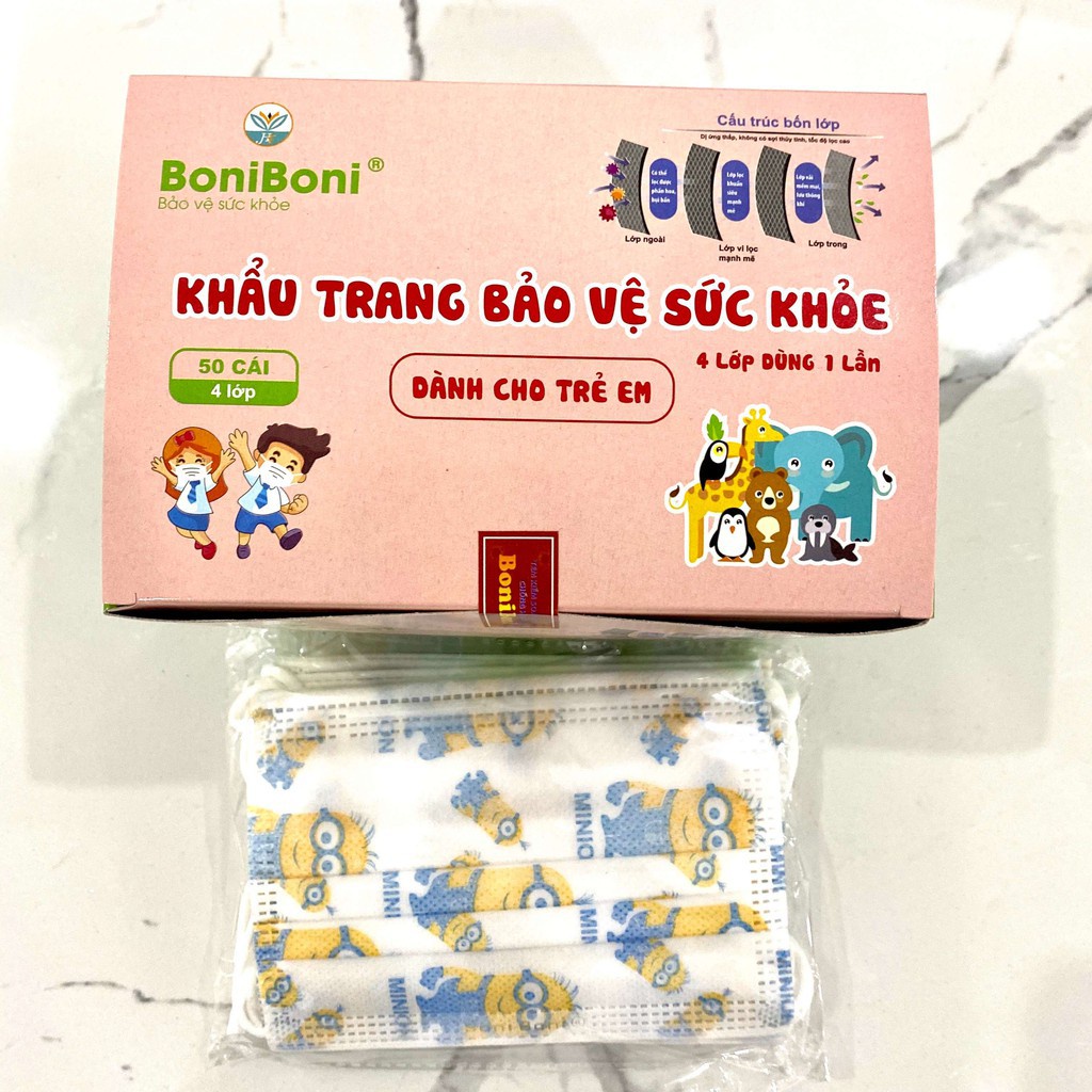 Khẩu trang y tế trẻ em 4 lớp kháng khuẩn cao cấp BoniBoni (Hộp 50 chiếc)