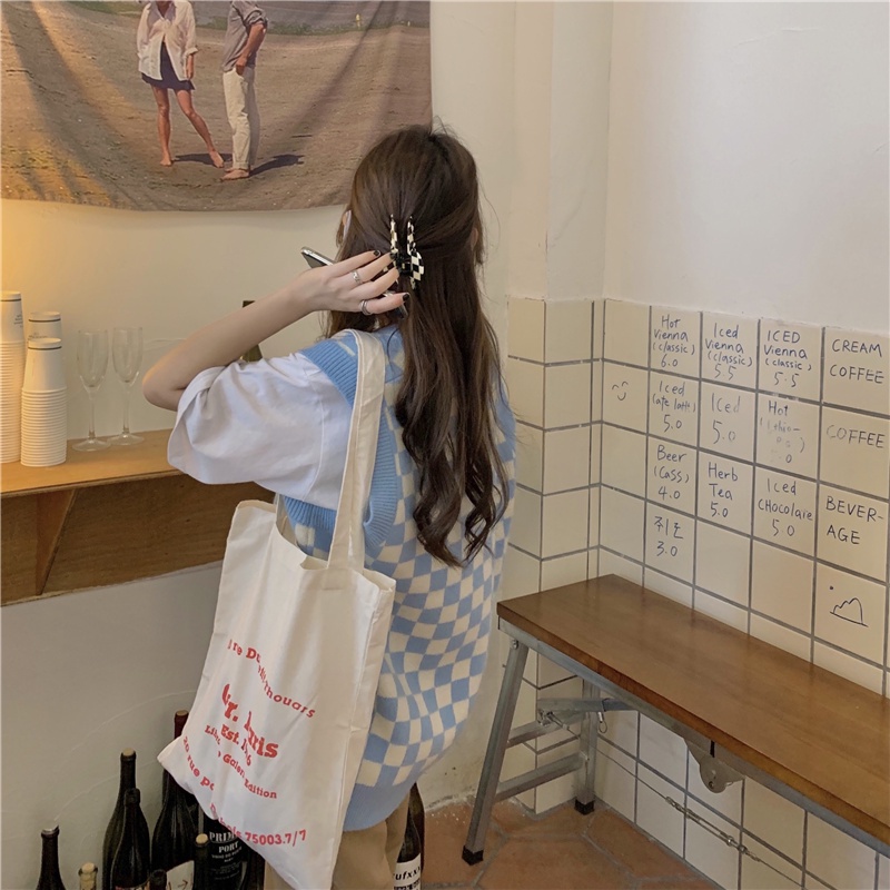 Áo len không tay cổ chữ V dáng rộng họa tiết sọc ca rô phong cách retro  | BigBuy360 - bigbuy360.vn