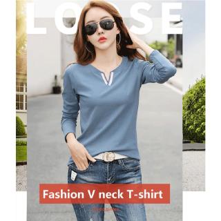 Áo thun tay dài cổ chữ V màu trơn trẻ trung cho nữ