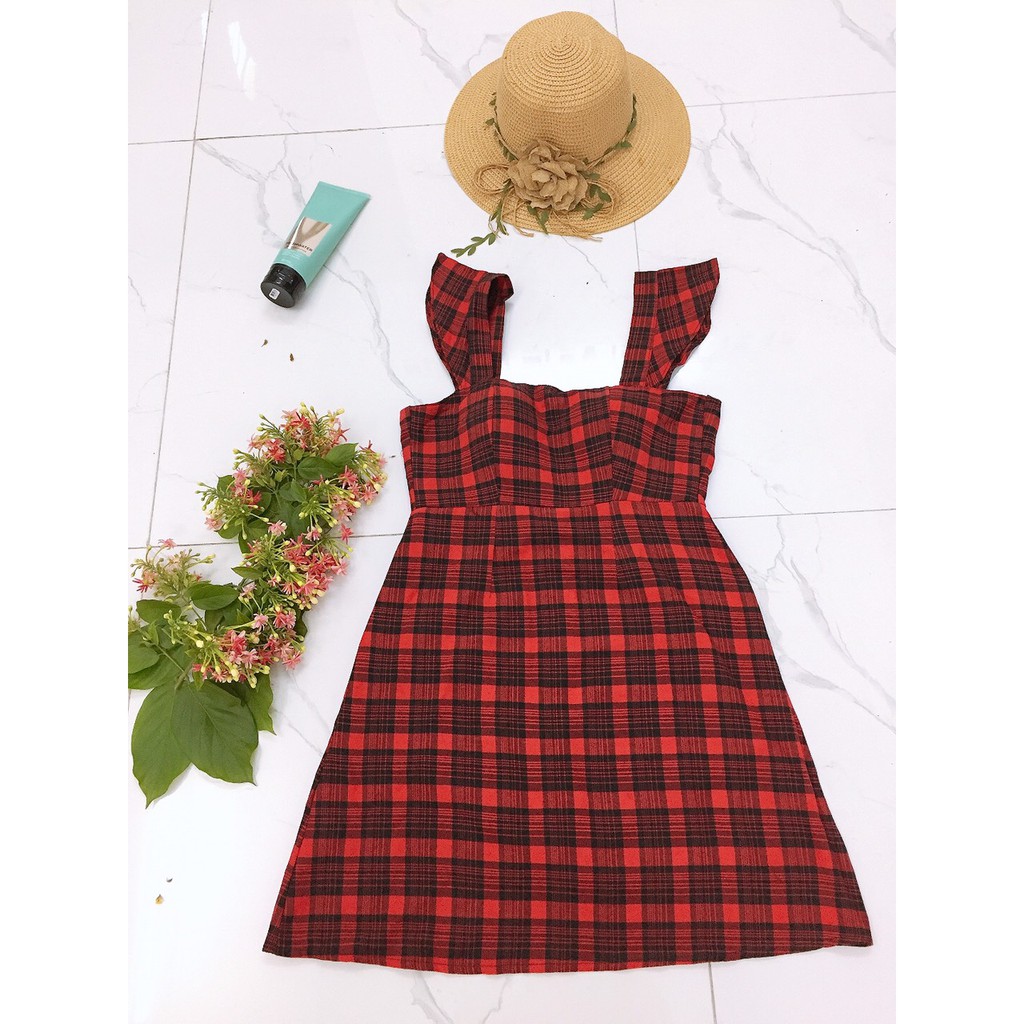 Đầm sọc caro đỏ tay cánh tiên Carnation shop