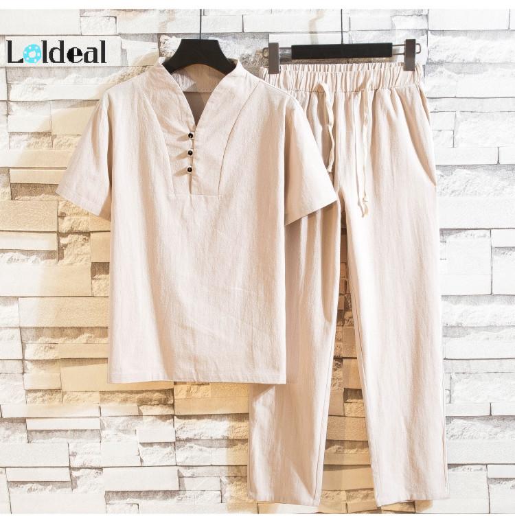 (Áo phông + quần tây) thời trang mùa hè nam cổ chữ V cotton và vải lanh Bộ quần áo thun nam giản dị tay ngắn