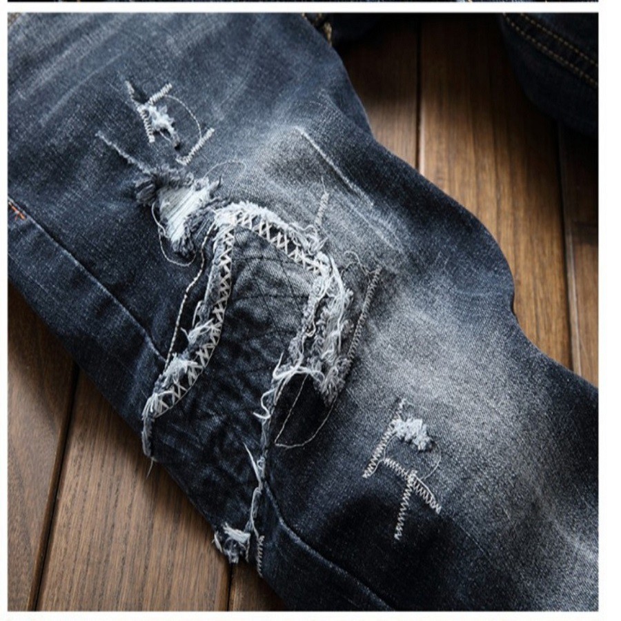 Quần Jeans Nam ống suông rách chắp vá thời thượng phong cách cá tính