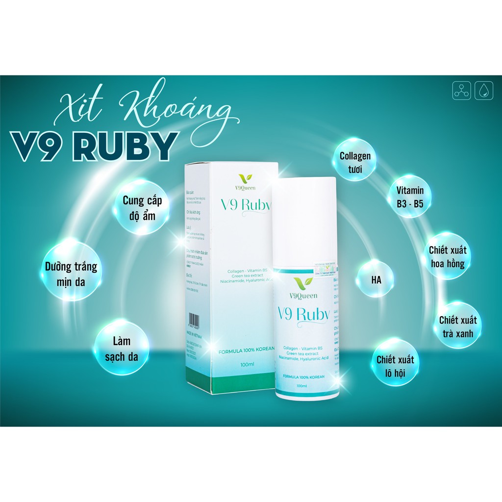 Nước hoa hồng V9Queen, xịt khoáng cấp ẩm dưỡng trắng da, kiềm dầu giảm mụn - V9 Ruby 100ml | BigBuy360 - bigbuy360.vn