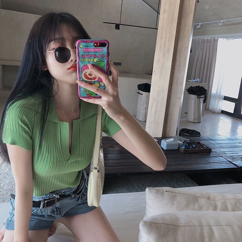 Áo kiểu ZHELIHANGFEI dệt kim tay ngắn cổ bẻ chữ V xẻ sâu quyến rũ thời trang cho nữ