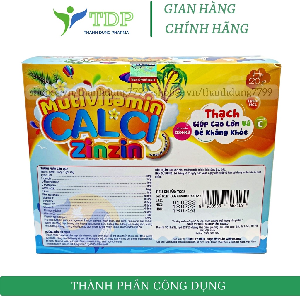 Thạch dinh dưỡng canxi cho bé Calci Zin Zin bổ sung canxi D3 K2 giúp tăng chiều cao và đề kháng khoẻ - hộp 20 gói