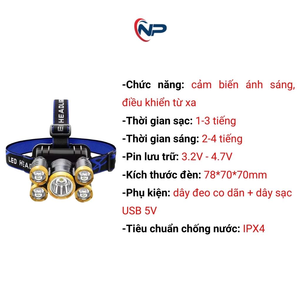 Đèn pin đội đầu mini siêu sáng 5 led Kèm dây đeo đầu, sạc USB 5V Pin Siêu Tiện Lợi