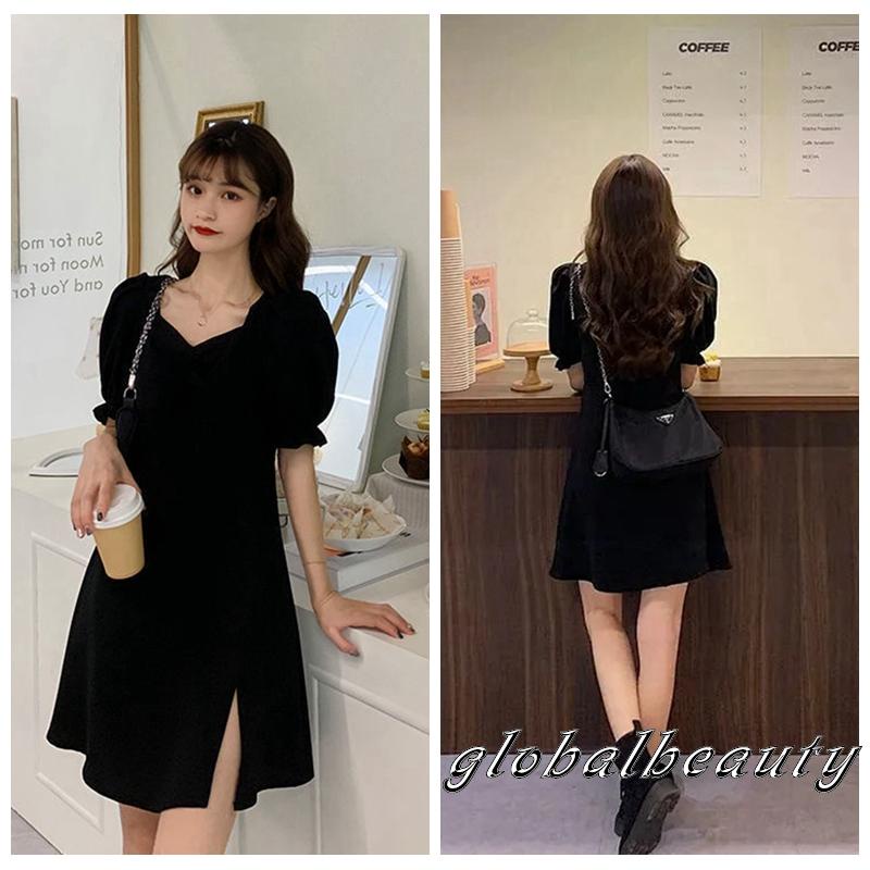 Đầm Chữ A Tay Phồng Ngắn Cổ Chữ V Màu Trơn Thời Trang Mùa Hè Cho Nữ Đen