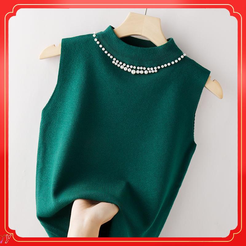 Áo Dệt Kim Không Tay Cổ Cao Đính Hạt Xinh Xắn Dành Cho Nữ/Size 3Xl