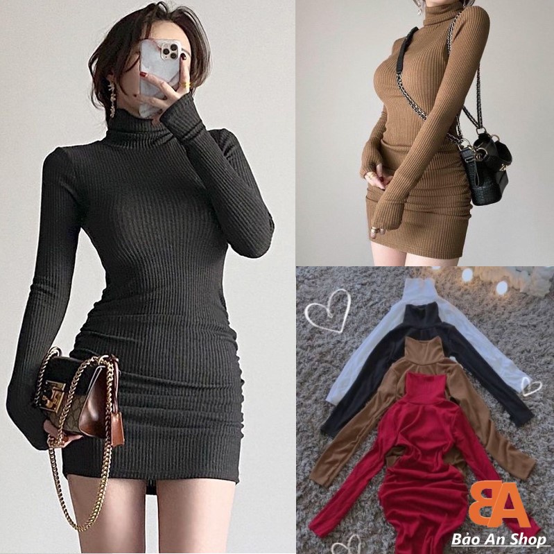 Đầm body cổ cao tay dài chất gân