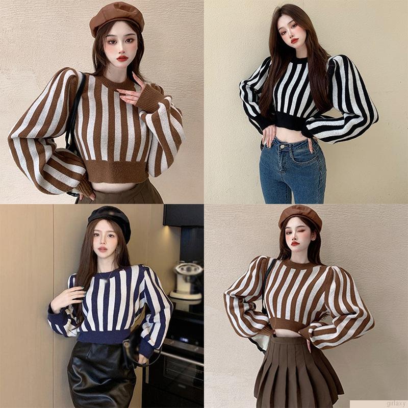 Áo len croptop tay dài cổ tròn họa tiết kẻ sọc phong cách Hàn Quốc thời trang cho nữ
