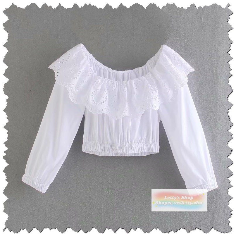 (Order) Áo cổ trễ trắng bèo thêu đục lỗ. Hàng TQXK, liên hệ người bán trước khi mua.