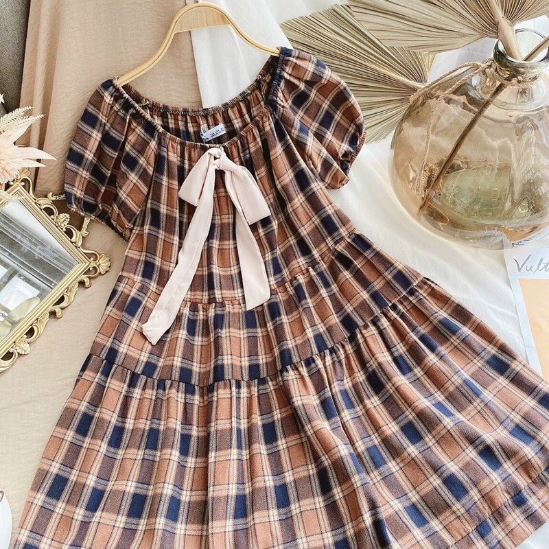 VÁY BABYDOLL CARO CỔ CHUN ĐÍNH NƠ( Sẵn hàng)