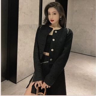 (SẴN) Set dạ tweed đen kéo khóa