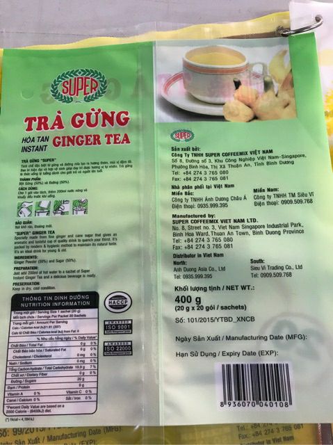 Trà gừng hòa tan super 400g( 20gx 20 gói