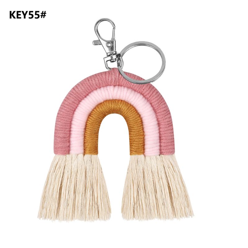 Móc Khóa Macrame Đan Thủ Công Màu Cầu Vồng Có Tua Rua Xinh Xắn Giá Đỡ