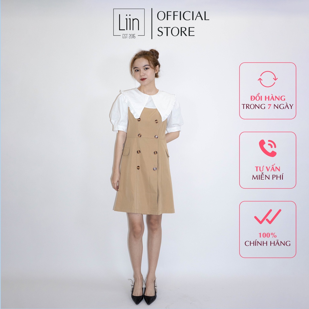 LIIN - Váy kaki phối tay trắng