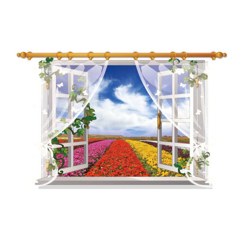 Decal trang trí cửa sổ 3D 60x90cm luống hoa sắc màu