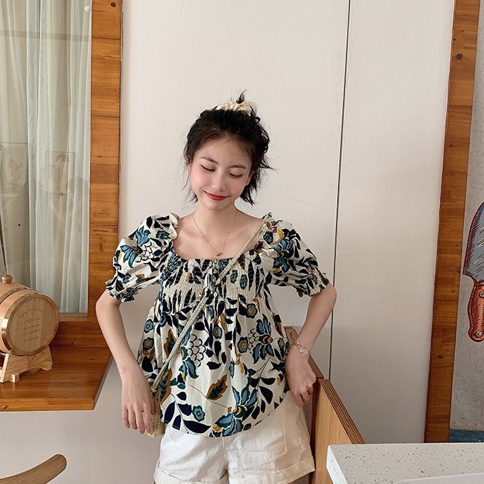 [GIÁ SỐC] Áo croptop nữ họa tiết hoa phong cách croptop cổ vuông ngắn tay, tay phồng búp bê