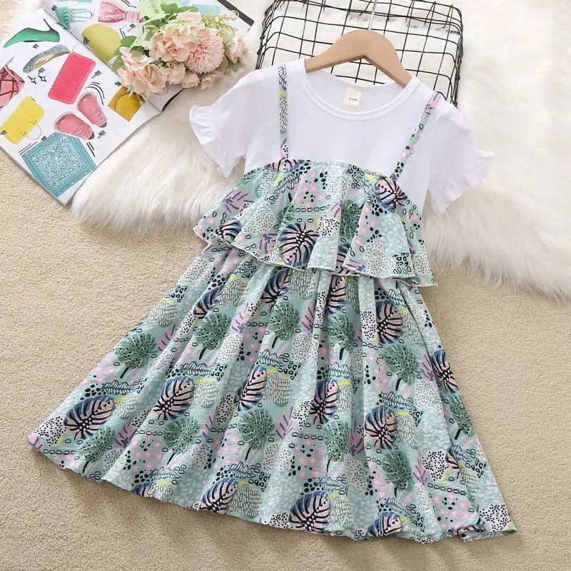 Đầm Cotton Ngắn Tay Giả Hai Lớp Họa Tiết Hoa Mùa Hè Kích Thước Vừa Và Lớn Mẫu Mới Dành Cho Bé Gái