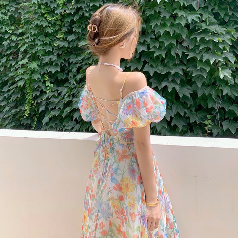 Đầm Dài Trễ Vai Tay Phồng Họa Tiết Hoa Thời Trang Xuân Hè Mới