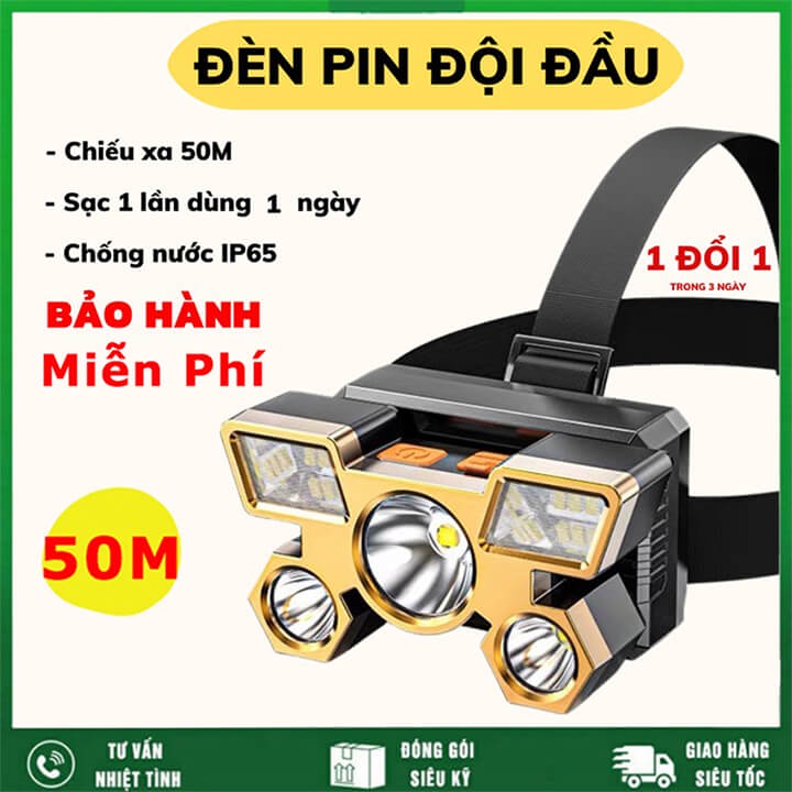 Đèn pin đội đầu 5 bóng siêu sáng chiếu xa 50m, chống thấm nước, đèn pin đeo trán pin trâu