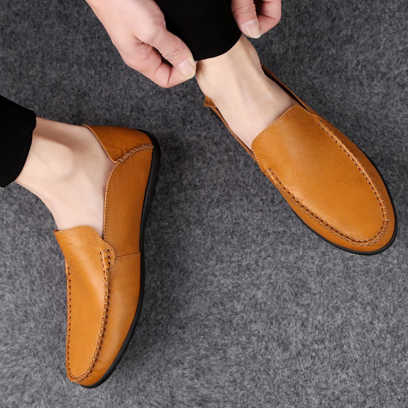 Kasut Kulit Lelaki Giày Lười Bằng Da Thật Đơn Giản Cho Nam Lái Xe Trượt Thuyền#