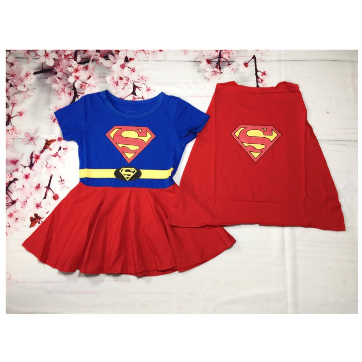 Đầm siêu nhân supergirl bé gái kèm áo choàng từ 9-26kg- thun cotton thấm hút mồ hôi, hình không bong tróc