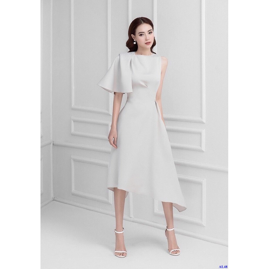 Đầm Xòe Xám Thiết Kế Sát Nách  Phối 1 Bên Vai Trẻ Trung