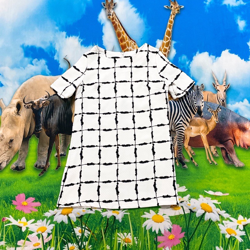 Size M đầm trắng kẻ ô vuông to suông ngắn tay