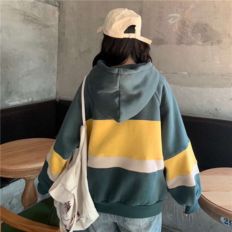 IELGY  Áo Hoodie Tay Dài Dáng Rộng Lót Nhung In Chữ Thời Trang Cho Nữ